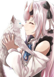 Rule 34 | 1girl, absurdres, animal, black ribbon, blue bow, blue bowtie, bow, bowtie, cat, closed eyes, closed mouth, collared shirt, commentary request, fang, fang out, from side, hair ribbon, highres, hilamaru, holding, holding animal, holding cat, hololive, horns, long sleeves, multicolored hair, nakiri ayame, nakiri ayame (girly), noses touching, red hair, ribbon, shirt, silver hair, simple background, skin-covered horns, skin fang, smile, solo, streaked hair, underwear, virtual youtuber, white background