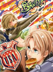 Rule 34 | 1boy, 1girl, america (hetalia), artist request, axis powers hetalia, blonde hair, blue eyes, bomber jacket, burger, copyright name, dated, dual persona, english text, food, gender request, genderswap, glasses, gun, hot dog, jacket, mouth hold, statue of liberty, weapon