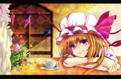 Rule 34 | 1girl, argyle, argyle background, argyle clothes, bad id, bad pixiv id, blonde hair, bow, crossed arms, cup, curtains, embodiment of scarlet devil, female focus, flandre scarlet, flower, flower pot, hat, hat bow, hat ribbon, head rest, letterboxed, looking at viewer, pink flower, pink rose, purple eyes, ribbon, rose, saucer, short hair, smile, solo, table, teacup, touhou, velia, window, wings
