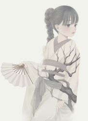 Rule 34 | 1girl, black eyes, black hair, braid, branch, commentary request, cowboy shot, folding fan, hand fan, highres, holding, holding fan, japanese clothes, kimono, long hair, long sleeves, looking away, looking to the side, obi, obiage, obijime, original, parted lips, print kimono, sash, simple background, solo, standing, tree print, ushiyama ame, white background, white kimono, white sash, white theme, wide sleeves