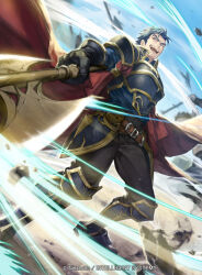 1boy armor axe battle_axe black_gloves blue_eyes blue_hair cape company_name fire_emblem fire_emblem:_the_blazing_blade fire_emblem_cipher gloves hector_(fire_emblem) holding holding_axe holding_weapon male_focus nintendo official_art open_mouth p-nekor red_cape weapon