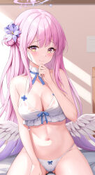 Rule 34 | 1girl, absurdres, alternate costume, bare arms, bare shoulders, bikini, blue archive, breasts, cameltoe, cleavage, detached collar, feathered wings, flower, frilled bikini, frills, gluteal fold, gradient hair, hair bun, hair flower, hair ornament, halo, halterneck, hand on own thigh, hand up, highres, long hair, looking at viewer, low wings, medium breasts, mika (blue archive), multicolored hair, navel, pink hair, see-through, shenqi (toid310), single side bun, sitting, skindentation, smile, solo, stomach, string bikini, swimsuit, thighs, very long hair, white bikini, wings, yellow eyes