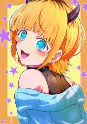 Rule 34 | 1girl, :3, absurdres, aqua eyes, bare shoulders, blonde hair, blue sweater, blunt bangs, blush, demon horns, drabon motagit, earrings, fake horns, fang, from behind, highres, horns, jewelry, looking at viewer, looking back, mem-cho, multicolored hair, off shoulder, open mouth, oshi no ko, roots (hair), short hair, solo, sweater, turtleneck