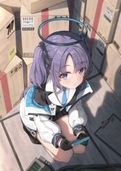 Rule 34 | 1girl, bekkuro, black footwear, black gloves, black skirt, blue archive, blue necktie, blush, box, cardboard box, clipboard, gloves, halo, highres, holding, holding tablet pc, jacket, long hair, looking at viewer, looking up, mechanical halo, necktie, purple eyes, purple hair, shadow, skirt, solo, squatting, tablet pc, twintails, white jacket, yuuka (blue archive)
