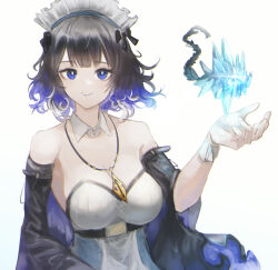 Rule 34 | 1girl, aiv, arknights, black hair, blue eyes, blue hair, breasts, cleavage, commentary, detached collar, detached sleeves, dress, gradient hair, hand up, jewelry, kjera (arknights), kjera (ingenious servant) (arknights), large breasts, long sleeves, looking at viewer, maid, maid headdress, multicolored hair, official alternate costume, pendant, simple background, smile, solo, strapless, strapless dress, upper body, white background, white dress