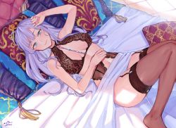 Rule 34 | 1girl, absurdres, ahoge, arm up, bare arms, bare shoulders, bed, bed sheet, between breasts, black bra, black garter belt, black thighhighs, blue eyes, blunt bangs, blurry, blush, bra, breasts, breasts apart, closed mouth, commentary, depth of field, eyelashes, fingernails, garter belt, halterneck, hand on own stomach, highres, jewelry, knees together feet apart, knees up, lace, lace bra, lingerie, long hair, looking at viewer, lying, medium breasts, midriff peek, nail polish, navel, on back, on bed, original, pillow, purple hair, sidelocks, signature, smile, solo, swept bangs, thighhighs, under covers, underwear, uni (melm), white nails