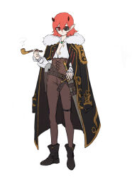 Rule 34 | 1girl, absurdres, belt, black cape, black footwear, boots, brown pants, cape, commentary, demon horns, eyepatch, gun, handgun, high-waist pants, highres, holding, holding smoking pipe, horns, long sleeves, medium hair, one eye covered, open clothes, open shirt, orange hair, original, pants, pointy ears, red eyes, shirt, simple background, slit pupils, smoking pipe, solo, sword, tuxiaoning not, weapon, white background, white shirt