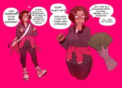 Rule 34 | 1girl, artist self-insert, backpack, bag, bob cut, brown hair, clothes around waist, comic, commentary, english commentary, english text, glasses, highres, holding, holding money, holding stylus, male hand, money, nyantcha, original, pantyhose, pink background, prostitution, shoes, short hair, simple background, sneakers, solo focus, sparkle, stylus, sweater, sweater around waist
