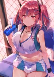 Rule 34 | 1girl, azur lane, bad id, bad pixiv id, bare shoulders, bench, bottle, bow, breasts, bremerton (azur lane), bremerton (scorching-hot training) (azur lane), chain-link fence, commentary request, crop top, crop top overhang, fence, grey hair, hair between eyes, hair bow, hair ornament, hairclip, heart, heart necklace, highres, jewelry, large breasts, long hair, mole, mole on breast, mole under eye, multicolored hair, necklace, nonon (xenonbot), outdoors, partial commentary, pink hair, shirt, sleeveless, sleeveless shirt, sportswear, streaked hair, tennis uniform, twintails, two-tone hair, two-tone shirt, two-tone skirt, water bottle, x hair ornament