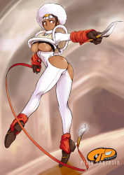 Rule 34 | 1girl, afro, areola slip, ass, ass cutout, black gloves, boots, breasts, clothing cutout, crop top, dark-skinned female, dark skin, ez6, forehead protector, fur trim, gloves, knife, large breasts, pixiv fantasia, red eyes, ribbon, solo, standing, standing on one leg, thighhighs, underboob, white hair