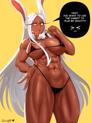 Rule 34 | &gt; &lt;, 1girl, :o, abs, animal ears, areola slip, artist name, bikini, black bikini, blush, boku no hero academia, breasts, carrot, cleavage, commentary, commission, covered erect nipples, dark-skinned female, dark skin, english commentary, english text, food in mouth, fur collar, hand on own hip, highres, large breasts, long eyelashes, long hair, looking at viewer, micro bikini, mirko, muscular, muscular female, nail polish, navel, o-ring, o-ring bottom, parted bangs, pulling own clothes, rabbit ears, rabbit girl, raised eyebrow, red eyes, shibbunny, skindentation, solo, stomach, strap pull, sweat, swimsuit, teeth, thick thighs, thighs, upper teeth only, very long hair, white hair, white nails, yellow background