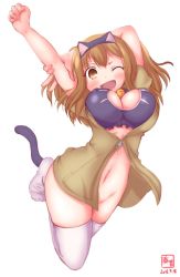 Rule 34 | 10s, 1girl, anal tail, animal ears, arms behind head, blush, bottomless, breasts, brown eyes, brown hair, cat cutout, cat ears, cat lingerie, cat tail, cleavage, cleavage cutout, clothing cutout, dated, fake tail, hairband, highres, i-26 (kancolle), jumping, kanon (kurogane knights), kantai collection, large breasts, light brown hair, long hair, looking at viewer, meme attire, navel, one eye closed, sailor collar, short sleeves, smile, solo, tail, thighhighs, two-tone hairband, two side up