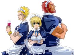 Rule 34 | 1girl, 2boys, ahoge, alternate costume, apron, artoria pendragon (fate), beard, blonde hair, bracelet, breasts, cleavage, crossed arms, cup, devilhun, drinking glass, earrings, enmaided, facial hair, fate/zero, fate (series), gilgamesh (fate), green eyes, iskandar (fate), jewelry, maid, maid apron, maid headdress, medium breasts, multiple boys, red eyes, red hair, saber (fate), wine glass