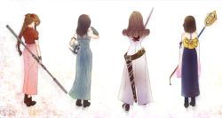 Rule 34 | 00s, 1990s (style), 4girls, aerith gainsborough, bare shoulders, beatrix, belt, black hair, boots, bracelet, braid, brown hair, coat, cocura, cropped jacket, curly hair, detached sleeves, dress, final fantasy, final fantasy ix, final fantasy vii, final fantasy viii, final fantasy x, from behind, hakama, hakama skirt, jacket, japanese clothes, jewelry, long dress, long hair, md5 mismatch, multiple girls, pink dress, retro artstyle, ribbon, rinoa heartilly, short hair, single braid, skirt, staff, sword, trench coat, weapon, wings, yuna, yuna (ff10)