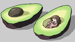 Rule 34 | 1girl, avocado, blush stickers, brown hair, closed eyes, closed mouth, food, from side, fruit, grey background, highres, hugging own legs, in container, knees to chest, knees up, long hair, long sleeves, mini person, minigirl, no nose, original, pajamas, simple background, solo, tsukumizu yuu