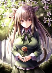 Rule 34 | 1girl, animal ear fluff, animal ears, blush, breasts, brown eyes, brown hair, cat ears, cat girl, cat tail, cowboy shot, flower, forest, green ribbon, green skirt, hair ornament, hairclip, large breasts, long hair, long sleeves, looking at viewer, nature, neck ribbon, original, ribbon, rose, school uniform, shirt, sidelocks, skirt, smile, solo, suien, sunlight, sweater, tail, tree, white shirt