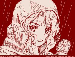 Rule 34 | 10s, 1girl, abazu-red, dated, girls und panzer, kay (girls und panzer), looking at viewer, monochrome, open mouth, rain, raincoat, red theme, solo, tegaki, tegaki draw and tweet, wet