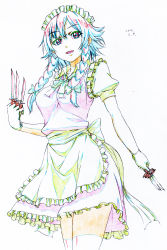 Rule 34 | 1girl, :d, apron, bow, braid, colored pencil (medium), dated, graphite (medium), green bow, hair bow, highres, holding, holding knife, izayoi sakuya, knife, looking at viewer, maid apron, maid headdress, makicha (sasurainopink), open mouth, pink vest, puffy short sleeves, puffy sleeves, red eyes, short sleeves, simple background, smile, solo, standing, thighhighs, touhou, traditional media, twin braids, vest, waist apron, white background, white thighhighs