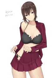 Rule 34 | 10s, 1girl, absurdres, black panties, bow, bow bra, bra, breasts, brown eyes, brown hair, closed mouth, collarbone, cowboy shot, dated, dress shirt, frilled bra, frills, girls und panzer, highres, irukatto, kuromorimine military uniform, long sleeves, looking at viewer, medium breasts, miniskirt, nishizumi maho, off shoulder, open clothes, open shirt, open skirt, panties, pleated skirt, polka dot, polka dot bra, red shirt, red skirt, shirt, short hair, side-tie panties, simple background, skirt, solo, standing, twitter username, underwear, undressing, white background