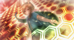 Rule 34 | 1girl, blonde hair, blue shirt, blurry, blurry background, commentary request, cowboy shot, dragon horns, dragon tail, dutch angle, green skirt, hexagon, highres, horns, kicchou yachie, light smile, looking at viewer, niwaniwatori, partial commentary, red background, red eyes, shirt, short hair, short sleeves, skirt, solo, standing, swept bangs, tail, touhou, turtle shell