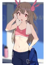 Rule 34 | 1girl, absurdres, armpits, bad id, bad twitter id, bare arms, bare shoulders, blue shorts, blurry, blurry background, brown hair, rabbit hair ornament, cloba, collarbone, cowboy shot, depth of field, hair ornament, hand on own hip, hand up, heart, highres, holding, inactive account, long hair, looking at viewer, midriff, natori sana, navel, open mouth, red eyes, sana channel, shorts, solo, sports bra, standing, sweat, towel, two side up, virtual youtuber