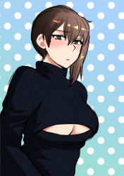 Rule 34 | 10s, 1girl, alternate costume, blush, breasts, brown eyes, brown hair, cleavage cutout, clothing cutout, kaga (kancolle), kantai collection, looking at viewer, meme attire, open-chest sweater, polka dot, polka dot background, short hair, shoukaki (earthean), side ponytail, solo, sweater, underboob, underboob cutout, upper body