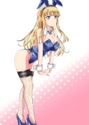 Rule 34 | 1girl, absurdres, animal ears, blonde hair, blue footwear, blue leotard, blue ribbon, breasts, cleavage, commentary request, detached collar, double bun, fake animal ears, fishnet thighhighs, fishnets, fletcher (kancolle), hair bun, high heels, highres, kantai collection, large breasts, leaning forward, leotard, long hair, looking at viewer, neck ribbon, nipa (graf xsr900), playboy bunny, purple eyes, rabbit ears, rabbit tail, ribbon, solo, tail, thighhighs, wrist cuffs