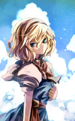 Rule 34 | 1girl, alice margatroid, blonde hair, blue dress, blue eyes, blue sky, cloud, dress, eredhen, hairband, highres, looking at viewer, puffy short sleeves, puffy sleeves, sash, shirt, short sleeves, sky, solo, touhou