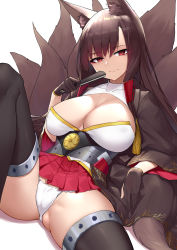 Rule 34 | 1girl, akagi (azur lane), animal ear fluff, animal ears, areola slip, azur lane, black gloves, black legwear, breasts, brown hair, cleavage, cleavage cutout, clothing cutout, expressionless, fei er, folded fan, folding fan, fox ears, fox girl, fox tail, gloves, hand fan, highres, holding, holding fan, knee up, large breasts, long hair, looking at viewer, lying, miniskirt, multiple tails, obi, on back, open clothes, panties, pleated skirt, red eyes, red skirt, sash, simple background, skirt, solo, spread legs, tail, thighs, underwear, upskirt, very long hair, white background, white panties, wide sleeves