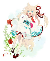 1girl animal_ears bad_id bad_pixiv_id female_focus flower harano japanese_clothes long_hair looking_at_viewer open_mouth original smile solo tail