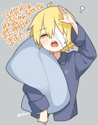 Rule 34 | 1boy, ahoge, bandage over one eye, blonde hair, blue pajamas, bubble, commentary, cropped torso, dal segno (symbol), grey background, half-closed eyes, holding, holding pillow, looking at viewer, male focus, minahoshi taichi, oliver (vocaloid), open mouth, pajamas, pillow, salute, sleepy, solo, translated, twitter username, upper body, vocaloid, yellow eyes