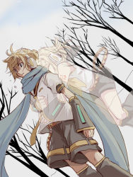 Rule 34 | 1boy, 1girl, arm tattoo, arms around waist, bare shoulders, blonde hair, blue eyes, blue scarf, bow, brother and sister, clenched hands, comforting, comforting, crying, crying with eyes open, detached sleeves, dutch angle, ghost, hair bow, hair ornament, hairclip, headphones, headset, hug, hug from behind, kagamine len, kagamine rin, leg warmers, necktie, number tattoo, sailor collar, scarf, setora, shirt, short hair, shorts, siblings, sleeveless, sleeveless shirt, soundless voice (vocaloid), spirit, surprised, tattoo, tears, translucent, transparent, tree, twins, vocaloid, yellow neckwear