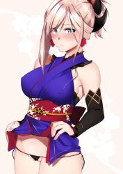 Rule 34 | 1girl, absurdres, bare shoulders, black panties, black sleeves, blue eyes, blue kimono, blush, breasts, cameltoe, closed mouth, clothes lift, covered erect nipples, cowboy shot, detached sleeves, earrings, fate/grand order, fate (series), hair ornament, highres, japanese clothes, jewelry, kimono, kimono lift, large breasts, lifting own clothes, long sleeves, looking at viewer, miyamoto musashi (fate), miyamoto musashi (first ascension) (fate), nose blush, obi, one suzume, panties, parted bangs, pink hair, ponytail, sash, simple background, sleeveless, sleeveless kimono, solo, string panties, underwear, white background