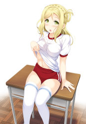 Rule 34 | 1girl, blonde hair, blush, braid, buruma, clothes lift, crown braid, desk, embarrassed, feet out of frame, green eyes, gym shirt, gym uniform, hair rings, highres, hino minato (spec.c), lifting own clothes, looking at viewer, love live!, love live! sunshine!!, navel, no bra, ohara mari, on desk, open mouth, red buruma, shirt, shirt lift, short sleeves, simple background, sitting, on desk, skindentation, solo, stomach, sweat, swept bangs, thighhighs, white background, white shirt, white thighhighs