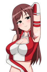 Rule 34 | 1girl, akana rui, arm up, armpits, blush, breasts, brown hair, chousoku henkei gyrozetter, cleavage, closed mouth, gagajya, green eyes, large breasts, long hair, looking at viewer, midriff, simple background, smile, solo, white background