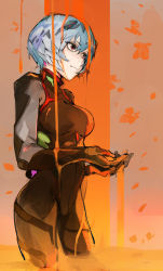 Rule 34 | 1girl, absurdres, ayanami rei, black bodysuit, blue hair, bodysuit, breasts, closed mouth, cowboy shot, dripping, evangelion: 3.0 you can (not) redo, expressionless, from side, gloves, hair between eyes, headgear, highres, hiranko, interface headset, lcl, legs apart, looking away, medium breasts, neon genesis evangelion, own hands together, pale skin, pilot suit, plugsuit, rebuild of evangelion, red eyes, sketch, solo, standing, turtleneck, wet