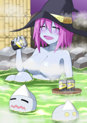 Rule 34 | bath, blue skin, breasts, colored skin, flustered, hat, large breasts, open mouth, witch hat