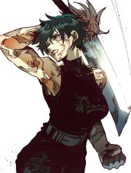 Rule 34 | 1girl, absurdres, arm up, belt, black pants, black shirt, clenched hand, cowboy shot, green eyes, green hair, highres, holding, holding weapon, isaacchief300, jujutsu kaisen, pants, scar, scars all over, shirt, short hair, simple background, sleeveless, sleeveless shirt, solo, standing, sword, too many, scars all over, turtleneck, weapon, white background, zen&#039;in maki