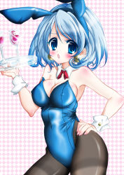Rule 34 | 1girl, animal ears, bad id, bad pixiv id, blue eyes, blue hair, blush, breasts, chalice, covered erect nipples, cup, detached collar, earrings, fake animal ears, hand on own hip, hip focus, jewelry, large breasts, leotard, looking at viewer, matching hair/eyes, no bra, open mouth, pantyhose, patterned background, playboy bunny, rabbit ears, saeka, short hair, solo, tray, wrist cuffs