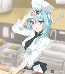 Rule 34 | 1girl, :d, absurdres, asiri senpai, blue hair, blurry, chef, chef hat, chef, commentary, contemporary, depth of field, english commentary, eula (genshin impact), eula (pizza hut) (genshin impact), genshin impact, grey eyes, grin, hair ornament, hat, highres, kitchen, long sleeves, looking at viewer, medium hair, official alternate costume, open mouth, sink, smile, solo