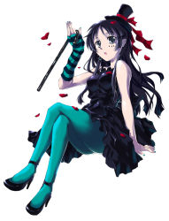 Rule 34 | 00s, 1girl, akiyama mio, black hair, blue eyes, blue pantyhose, blunt bangs, cane, crossed legs, don&#039;t say &quot;lazy&quot;, dress, elbow gloves, fingerless gloves, gloves, hat, high heels, hime cut, k-on!, long hair, mini hat, mini top hat, pantyhose, pitomo, shoes, sitting, solo, striped, top hat