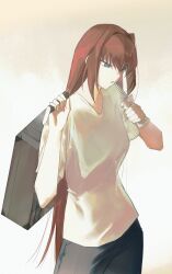 1girl absurdres aozaki_aoko briefcase commentary drink drinking drinking_straw highres holding holding_briefcase holding_drink long_hair melty_blood pants red_hair shirt solo standing t-shirt tsukihime v-shaped_eyebrows very_long_hair white_shirt yuishironeko