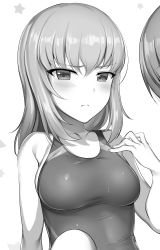 Rule 34 | 10s, 1girl, absurdres, blush, breasts, closed mouth, commentary request, embarrassed, girls und panzer, greyscale, hand up, highres, icomochi, itsumi erika, knee up, large breasts, looking at viewer, monochrome, one-piece swimsuit, out of frame, short hair, simple background, solo focus, swimsuit, white background