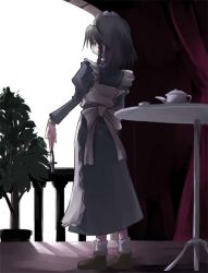 Rule 34 | 1girl, apron, balcony, between fingers, braid, cup, curtains, dress, female focus, from behind, full body, gatau, grey dress, grey hair, holding, indoors, izayoi sakuya, knife, loafers, maid, maid apron, maid headdress, plant, potted plant, railing, shoes, solo, standing, straight hair, table, teacup, teapot, throwing knife, touhou, twin braids, weapon, white legwear