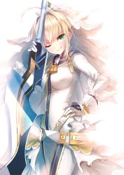 Rule 34 | 10s, 1girl, ;d, ahoge, backlighting, bell, belt, blonde hair, blush, bodysuit, breasts, buckle, collar, cowboy shot, eyebrows, fate/extra, fate/extra ccc, fate/grand order, fate (series), gloves, greatsword, grin, hand on own hip, head wreath, heirou, holding, holding sword, holding weapon, huge weapon, lock, long sleeves, looking at viewer, nero claudius (bride) (fate), nero claudius (fate), nero claudius (fate) (all), one eye closed, open mouth, short hair, skin tight, smile, solo, sword, teeth, tsurime, veil, weapon, white gloves