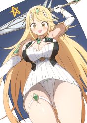 Rule 34 | 1girl, absurdres, bare legs, bare shoulders, blonde hair, breasts, chest jewel, cleavage, cleavage cutout, clothing cutout, dress, earrings, elbow gloves, from below, gloves, highres, jewelry, large breasts, long hair, luke (dydansgur), mythra (xenoblade), panties, pantyshot, short dress, solo, swept bangs, thigh strap, tiara, underwear, very long hair, white dress, white gloves, xenoblade chronicles (series), xenoblade chronicles 2, yellow eyes