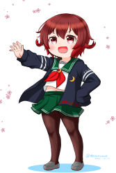 Rule 34 | 1girl, blue jacket, brown hair, crescent, crescent pin, dress, full body, gradient hair, green sailor collar, green skirt, hand on own hip, jacket, kantai collection, looking at viewer, masara (chuujou), multicolored hair, mutsuki (kancolle), mutsuki kai ni (kancolle), neckerchief, one-hour drawing challenge, open mouth, pantyhose, pleated dress, red hair, red neckerchief, sailor collar, school uniform, serafuku, short hair, skirt, smile, solo, standing