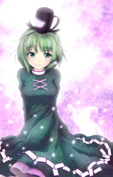 Rule 34 | 1girl, arms behind back, blush, breasts, dress, female focus, floral print, ghost, ghost tail, green dress, green eyes, green hair, hat, highres, hiromi (artist), long sleeves, matching hair/eyes, multiple tails, short hair, smile, soga no tojiko, solo, tail, tate eboshi, touhou