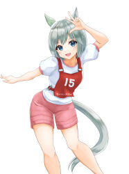 Rule 34 | 1girl, animal ears, arm up, blue eyes, character name, commentary, ear covers, grey hair, gym shirt, gym shorts, gym uniform, highres, horse ears, horse girl, kemuri (etep3372), looking at viewer, open mouth, pink shorts, race bib, seiun sky (umamusume), shirt, short hair, short sleeves, shorts, simple background, single ear cover, smile, solo, standing, t-shirt, translated, umamusume, w, white background, white shirt