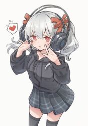 Rule 34 | 1girl, black jacket, bow, double-parted bangs, earphones, grey hair, hair bow, henzer, highres, jacket, original, pen, plaid, plaid skirt, red eyes, skirt, solo
